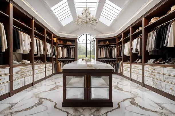 Luxury custom closet design with open shelving and center island in McLean VA home
