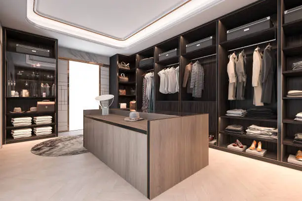 Luxury custom closet design with open shelving and center island in a McLean VA home