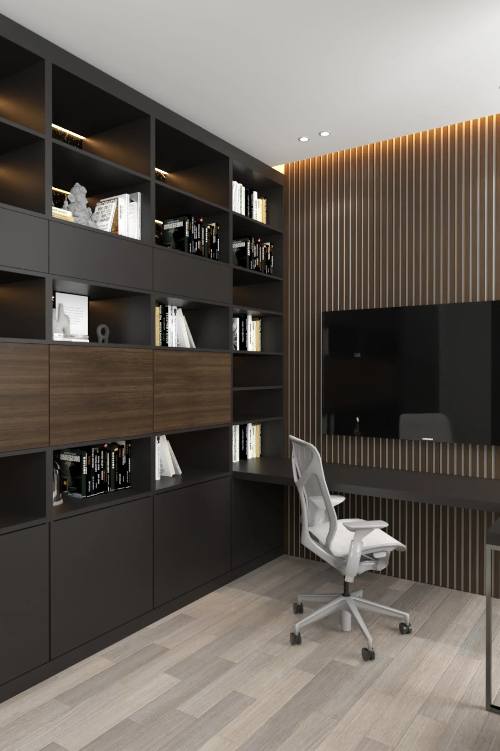 Elegant built-in media wall with shelving