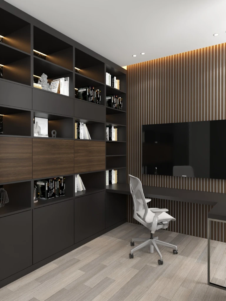 Custom home office with built-in desk and storage