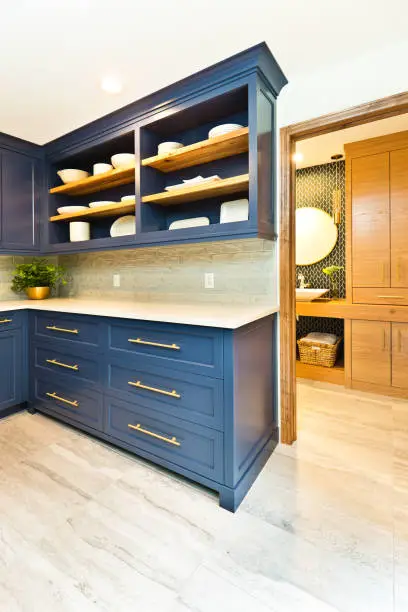 Luxury pantry design with two-tone cabinetry, deep navy lower cabinets, and warm brass hardware in a Great Falls VA home
