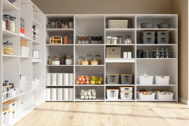 Floor-to-ceiling custom kitchen pantry organization shelving with adjustable heights and labeled storage zones in an Arlington VA home