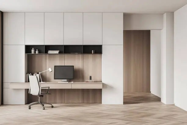 Custom built-in home office Northern VA comparison showing floor-to-ceiling cabinetry and integrated desk versus standard freestanding furniture in a Bethesda home