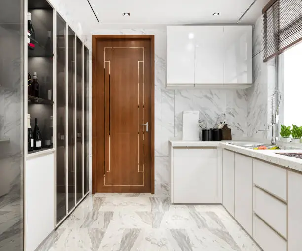 Luxury pantry design materials featuring quartz countertops, solid wood cabinetry, and porcelain tile flooring in a McLean VA home