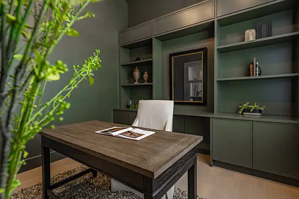 Built-in home office Northern VA with custom desk, organized shelving, and professional video call backdrop in an Arlington home