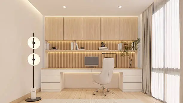 Custom built-in home office desk wall with integrated cable management and wireless charging in a Bethesda MD home office