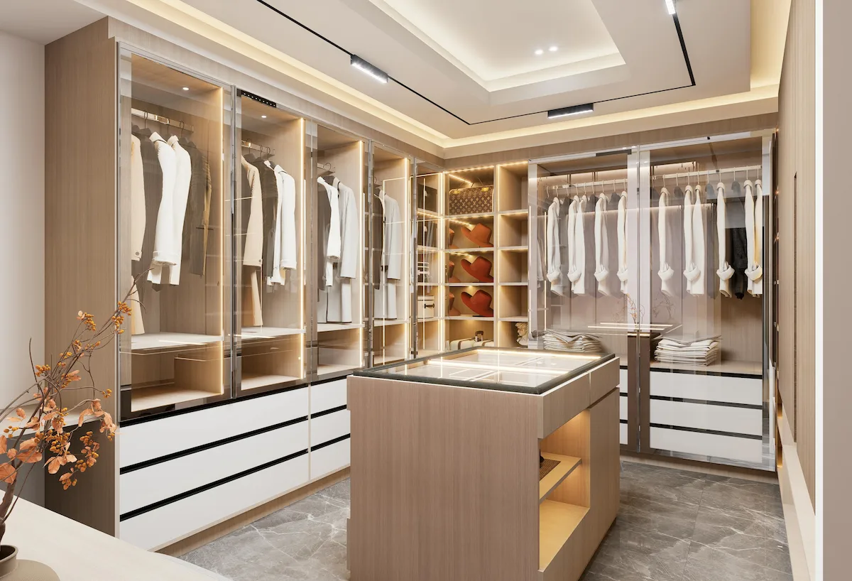 luxury custom closet with LED lighting center island and built-in shelving